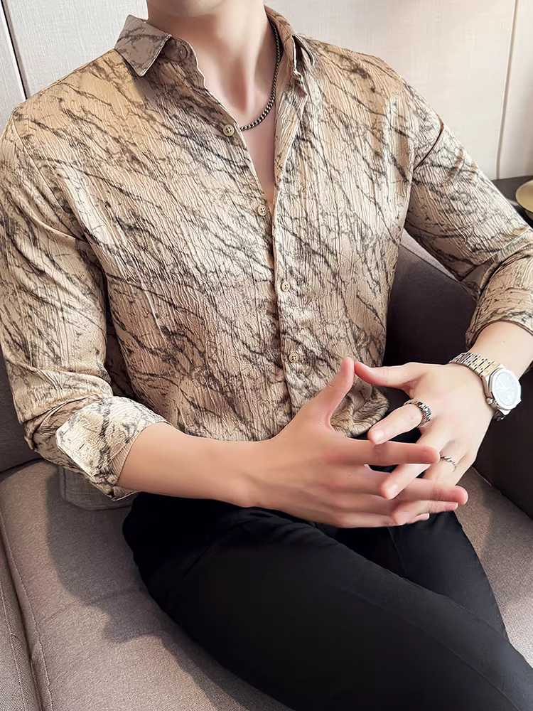 Áo sơ mi nam chất liệu acetate, tay dài, kiểu dáng lịch lãm, thời thượng, ôm dáng, phong cách công sở lịch sự, mẫu mới thu đông 2025