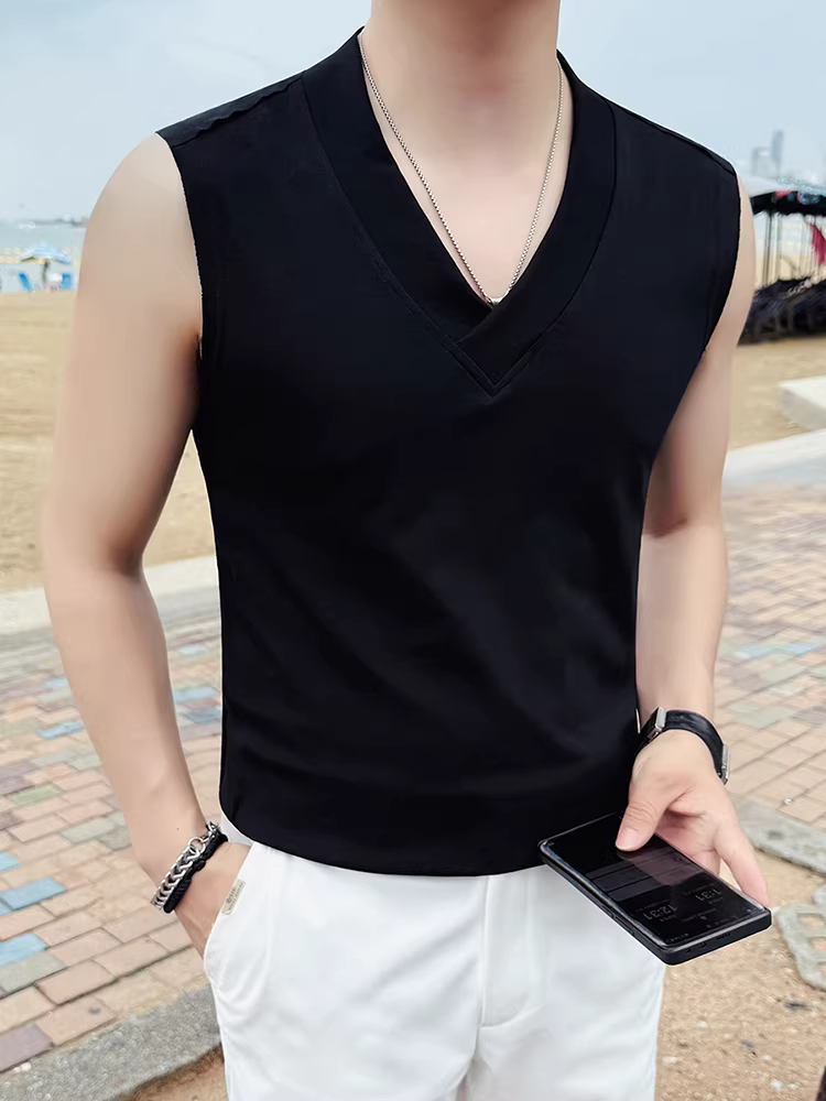 Áo gile nam cổ V không tay, kiểu mới hè 2025, áo thể thao cao cấp, đa năng và thoải mái, màu đen.