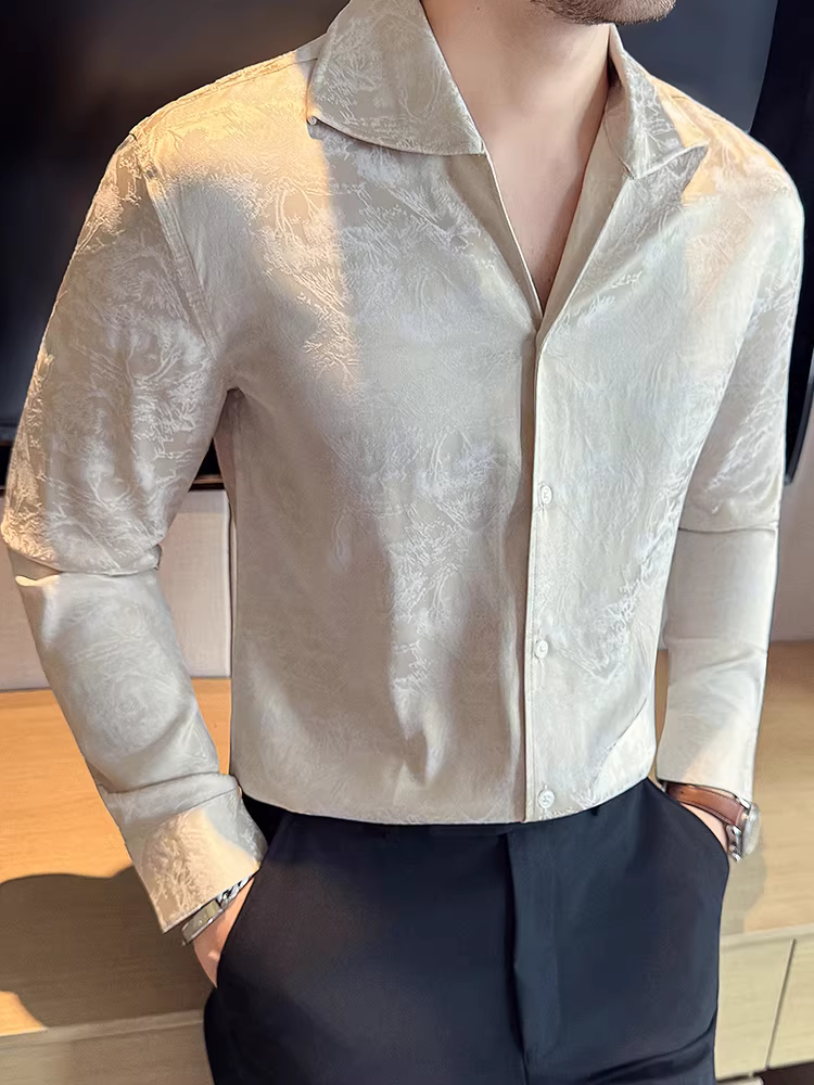 Áo sơ mi nam cổ V họa tiết hoa tối màu, tay dài, thời trang thu đông 2025, kiểu dáng hiện đại, lịch sự, dễ chăm sóc