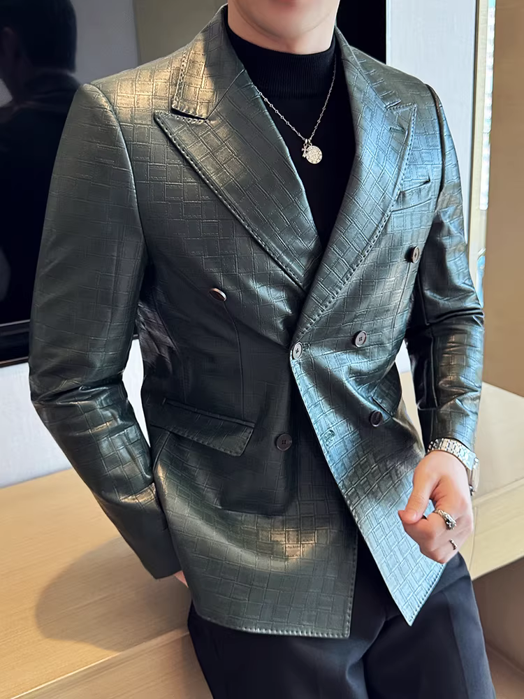 Áo khoác da kiểu dáng Rubik's Cube dành cho nam, kiểu dáng mới mùa xuân thu, phong cách công sở giản dị, hợp thời trang, kiểu dáng Anh, ôm dáng.