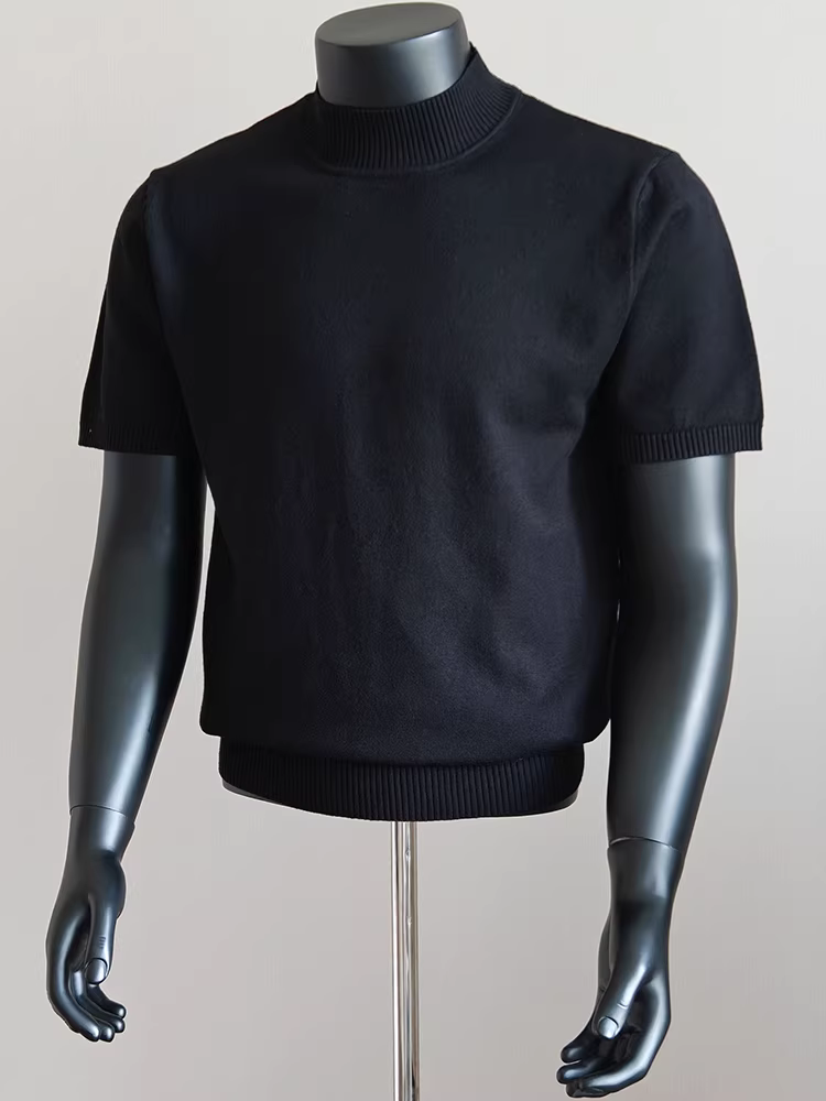 Áo len ngắn tay cổ cao nửa cổ Lyocell dành cho nam, thời trang thu đông, dáng cổ trung, đa năng, áo thun dệt kim chất lượng cao