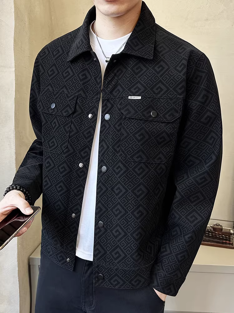 Áo khoác da PU in cao cấp dành cho nam, thời trang thu đông 2025, kiểu dáng thời thượng, ngắn, phong cách công sở.