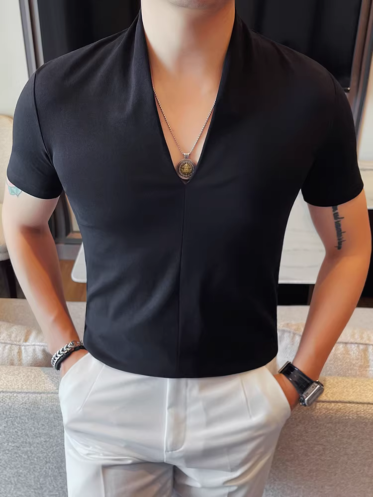 Áo thun nam tay ngắn thiết kế cổ chữ V, kiểu dáng mỏng mùa hè, thời trang cao cấp, ôm vừa vặn, đa năng, giản dị, áo thoáng khí
