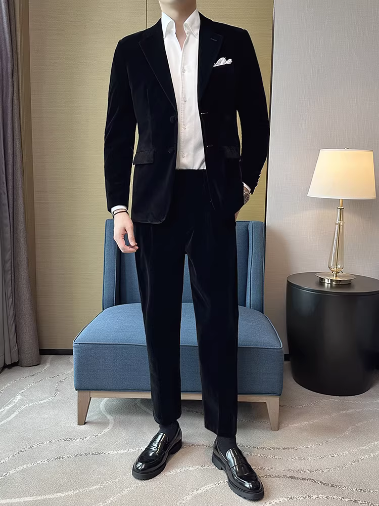 Bộ vest nhung vàng nam, thu đông, cao cấp, lịch sự, phù hợp công sở, vest chú rể, bộ hai mảnh