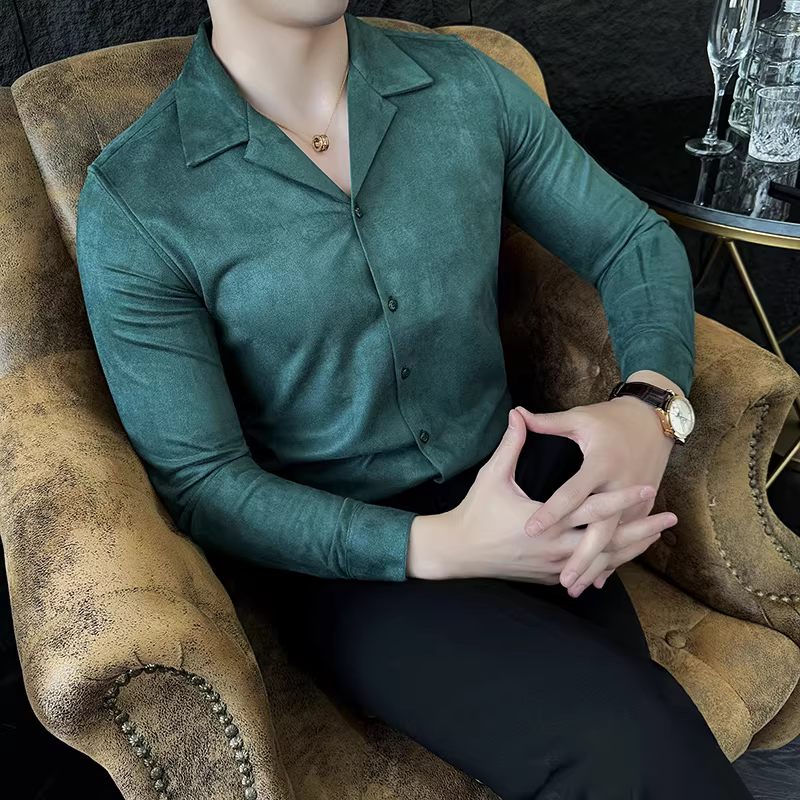 Áo sơ mi da lộn cổ điển dành cho nam, tay dài, kiểu dáng mới thu đông, thời trang, ôm dáng, áo sơ mi công sở cao cấp