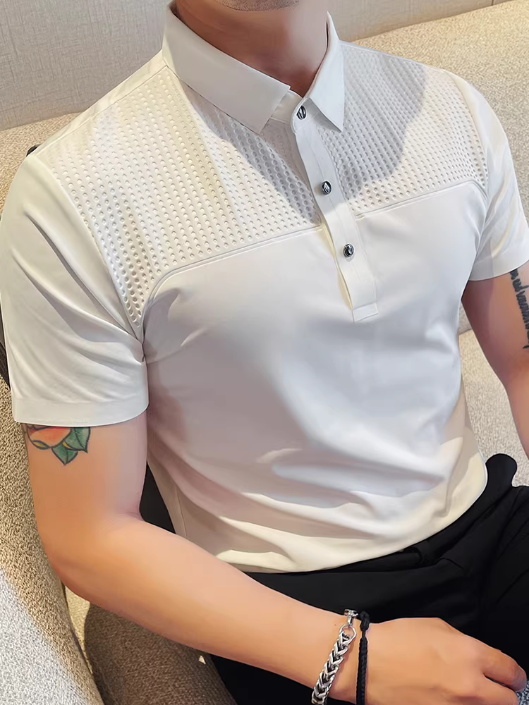 Áo polo nam chất liệu dệt liền mạch, tay ngắn, kiểu dáng mùa hè mỏng nhẹ, xu hướng thời trang mới 2025, thiết kế phối màu đa năng.