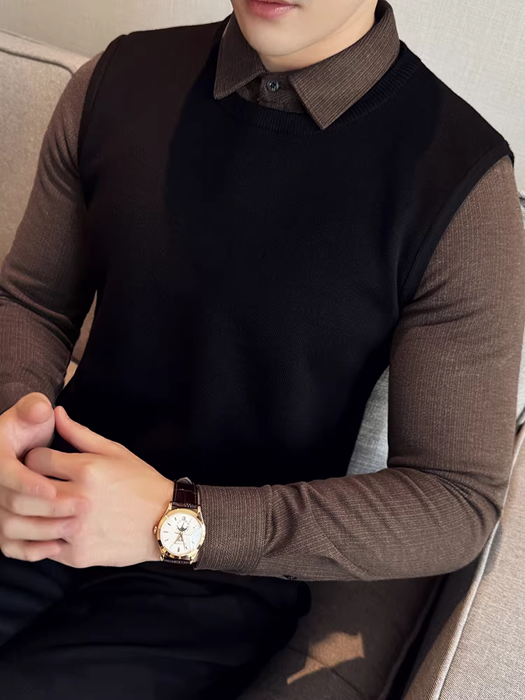 Áo len giả hai mảnh dành cho nam, dài tay, thu đông, dày dặn, ấm áp, cao cấp, phong cách công sở giản dị, áo sơ mi dệt kim phối màu.