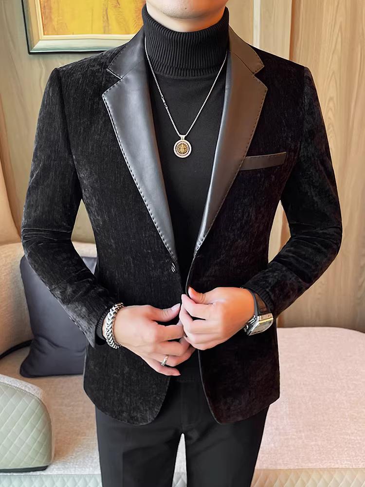 Áo khoác vest nam phối da, thời trang thu đông 2025, kiểu dáng ôm body, lịch lãm, chất lượng cao, phong cách công sở lịch sự.