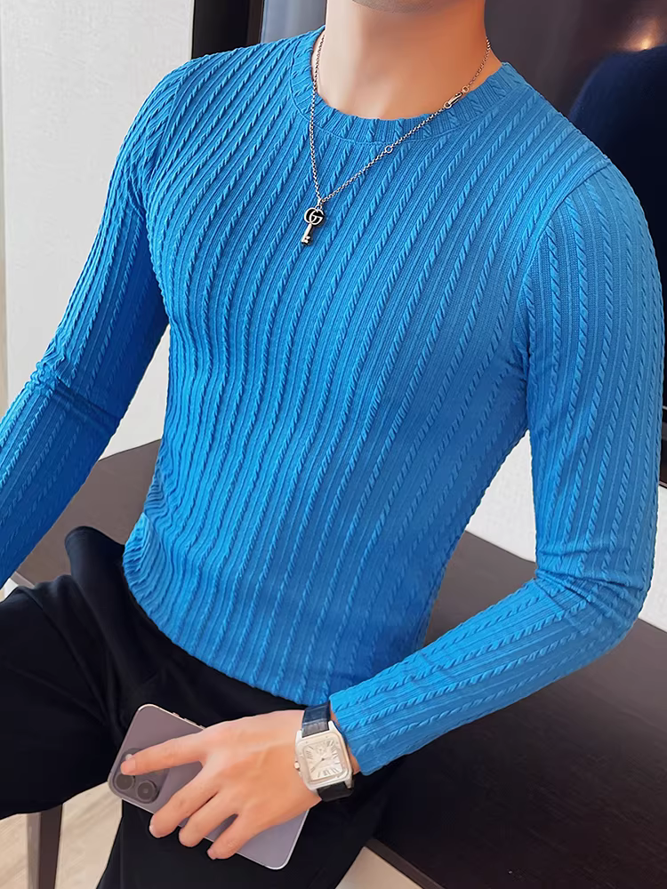 Áo thun nam cổ tròn sọc, dài tay, xuân thu, hợp thời trang, ôm dáng, giản dị, đa năng, cao cấp, áo thun thời trang.