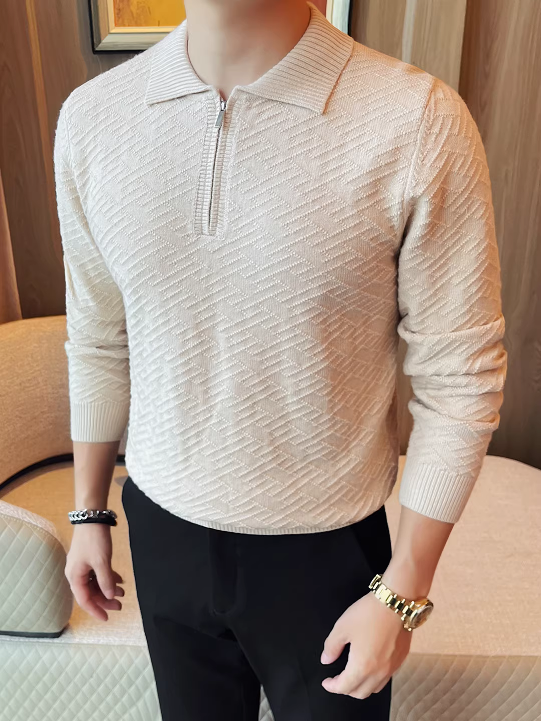 Áo len nam cổ lọ nửa khóa kéo, tay dài, dày dặn cho mùa thu đông, dáng rộng, đa năng, thời trang, hợp xu hướng, áo thun dệt kim thông thường.