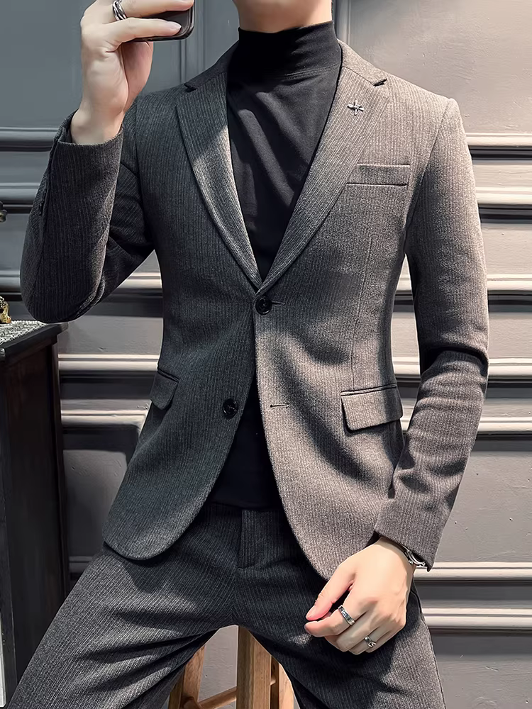 Bộ vest len dày giữ ấm cho nam, chất lượng cao, kiểu dáng lịch sự, ôm dáng, thời trang, kẻ sọc tối màu, bộ hai mảnh