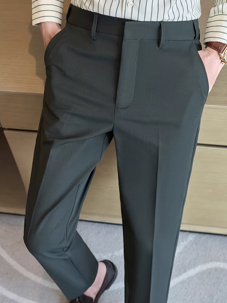 Quần âu nam chất liệu thun co giãn không lộ, kiểu dáng xuông, dễ chăm sóc, ôm dáng, dài, mới năm 2025.