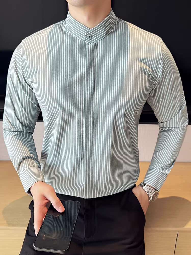 Áo sơ mi sọc cổ đứng kiểu Trung Quốc mới dành cho nam, dài tay, phong cách công sở cao cấp, đa năng, vừa vặn, áo sơ mi mát mẻ và sành điệu.