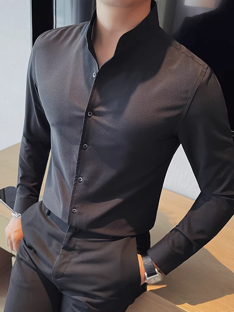 Áo sơ mi cổ đứng kiểu Trung Quốc mới dành cho nam, dài tay, cao cấp, đa năng cho mọi mùa, dáng ôm, trang phục công sở thường ngày, áo sơ mi trắng đẹp trai