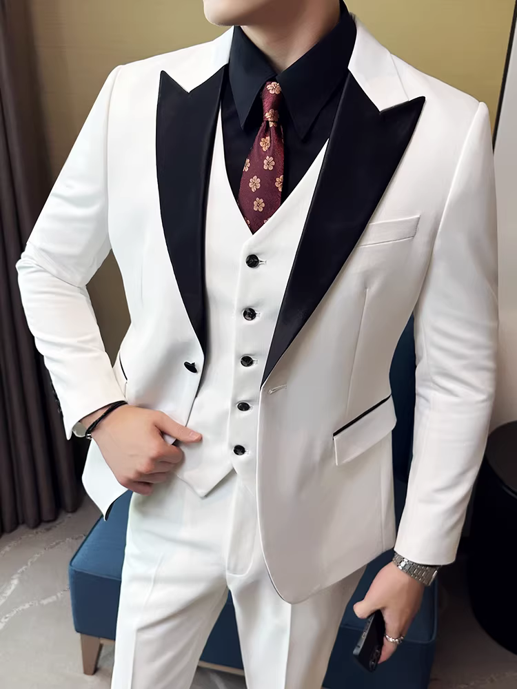 Bộ đồ cao cấp bộ đồ nam công sở thường ngày váy cưới chú rể kiểu Anh dáng ôm vừa vặn trang phục trang trọng bộ đồ màu trắng bộ đồ ba mảnh