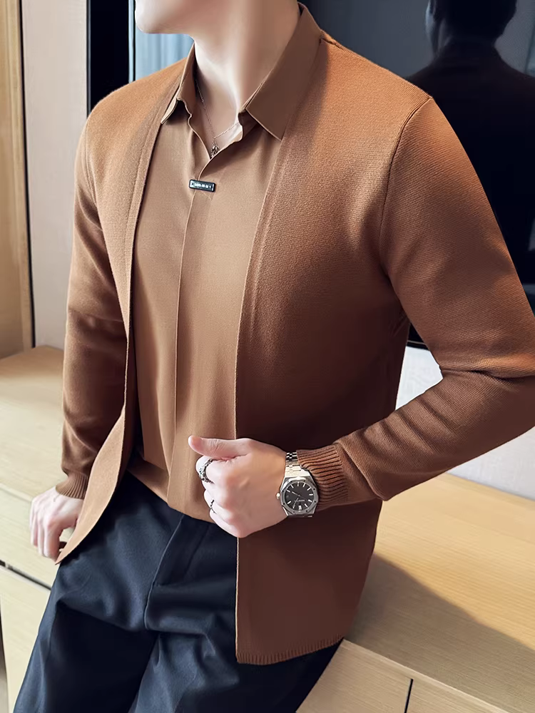 Áo cardigan dệt kim cổ áo liền thân giả hai mảnh dành cho nam, áo khoác len dáng ôm thời trang cao cấp mùa thu, phong cách kinh doanh lịch sự