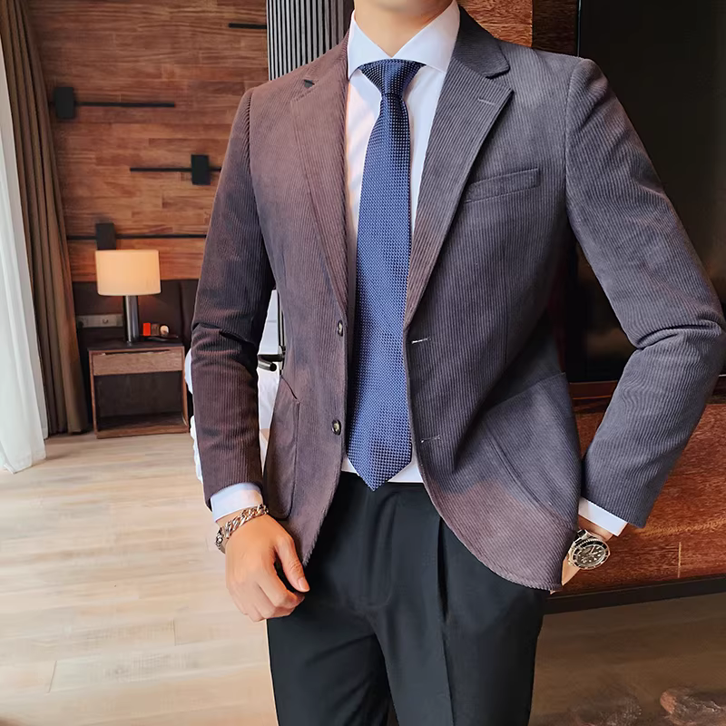 Áo blazer nam chất liệu corduroy, mùa thu đông, dày dặn, thời trang, hợp xu hướng, kiểu dáng sọc cá tính, dáng ôm, đơn hàng khuy.