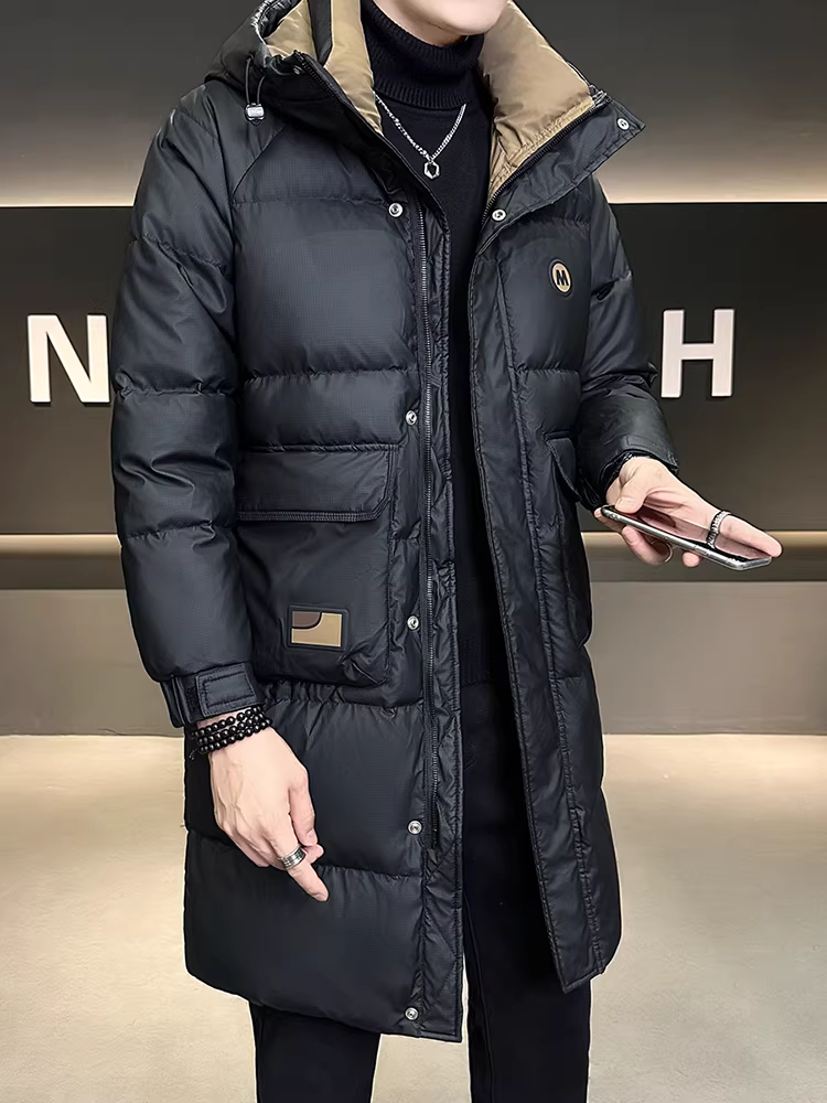 Áo khoác nam chất lượng cao, dài trung bình, chất liệu da PU, mùa đông 2025, kiểu phối màu mới, có mũ, dày dặn, chống lạnh
