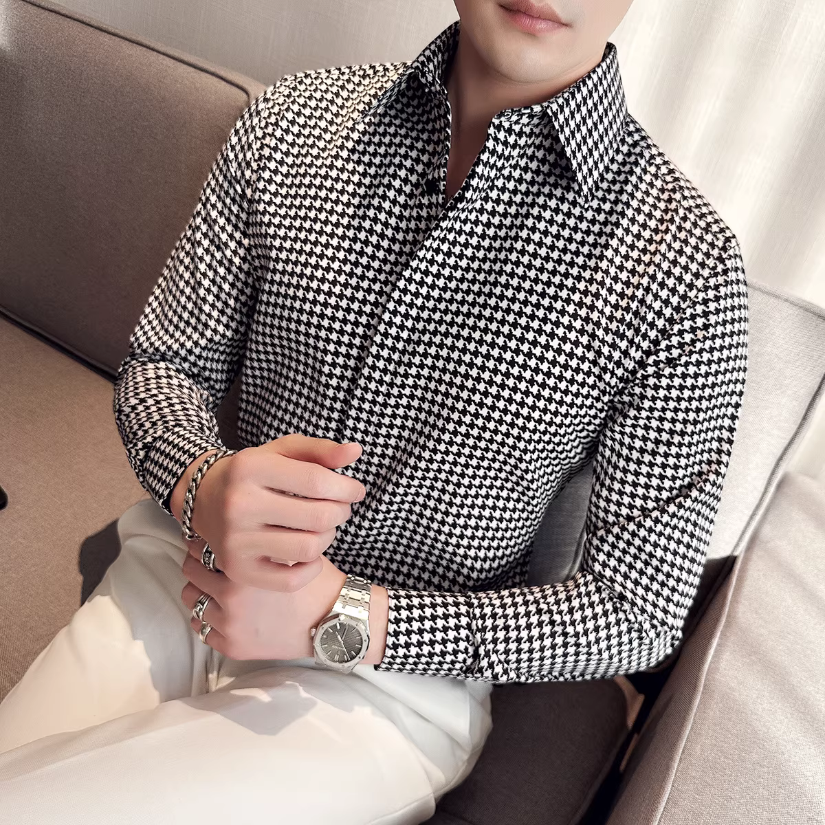 Áo sơ mi kẻ sọc houndstooth dành cho nam, dài tay, xuân thu, cao cấp, cổ điển, trang phục công sở thông thường, dễ chăm sóc, áo sơ mi có nút ẩn.