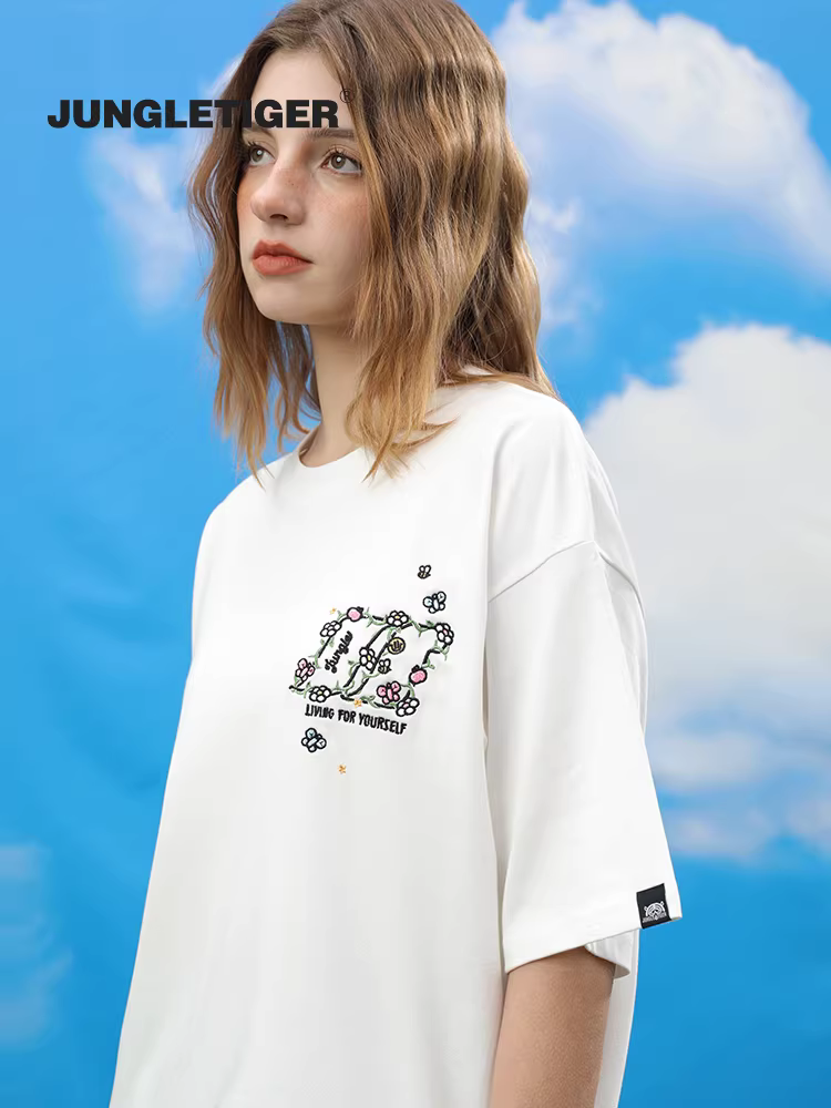 Áo thun ngắn tay thêu hoa hổ rừng dành cho nam, mẫu mới hè 2025, phong cách Mỹ, chất dày, áo thun đôi nam nữ