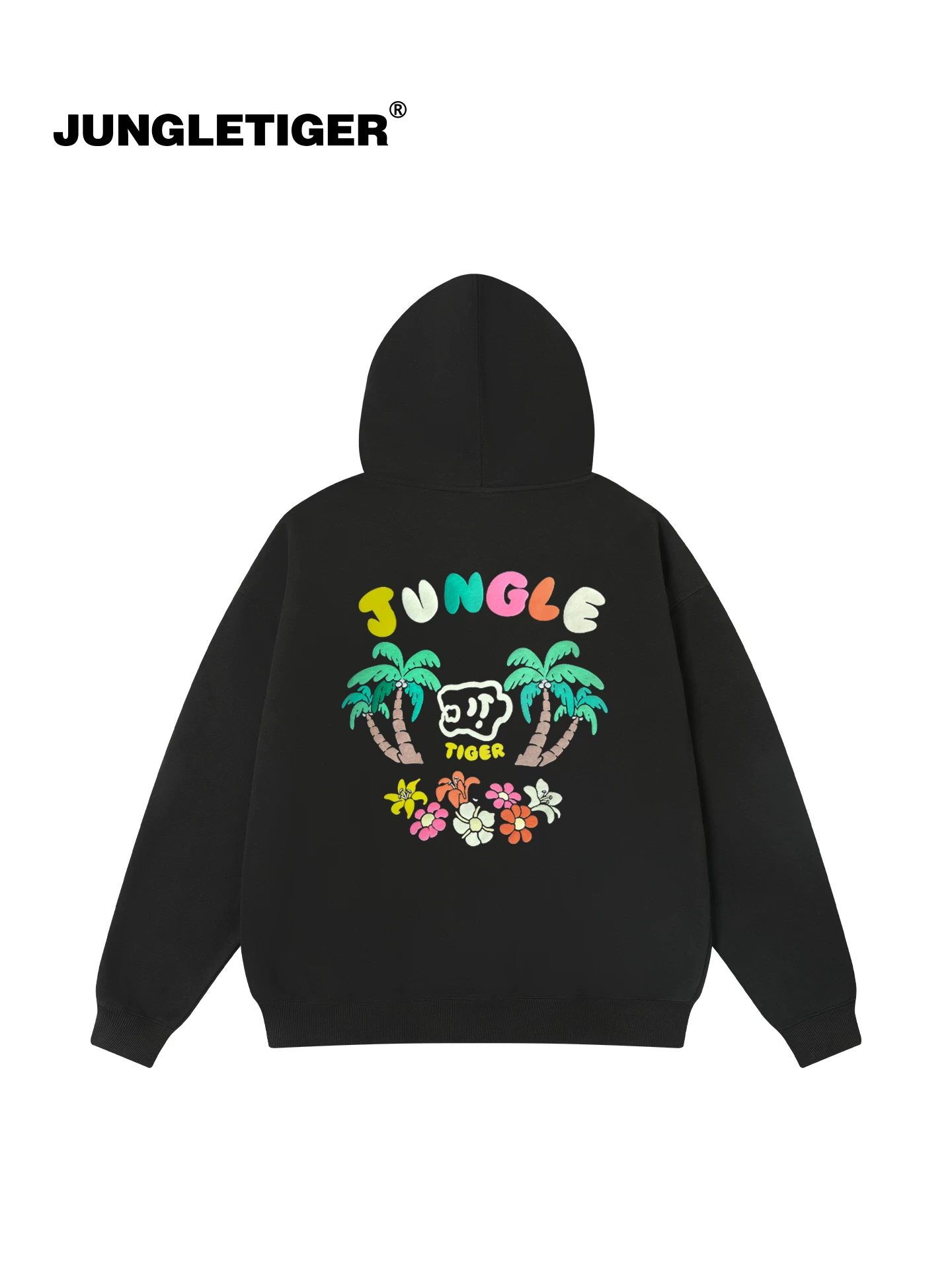 Áo hoodie có mũ trùm đầu bằng vải bọt da lộn kiểu dáng resort Jungle Tiger dành cho nam và nữ, áo màu đen rộng rãi phong cách Mỹ mùa thu đông