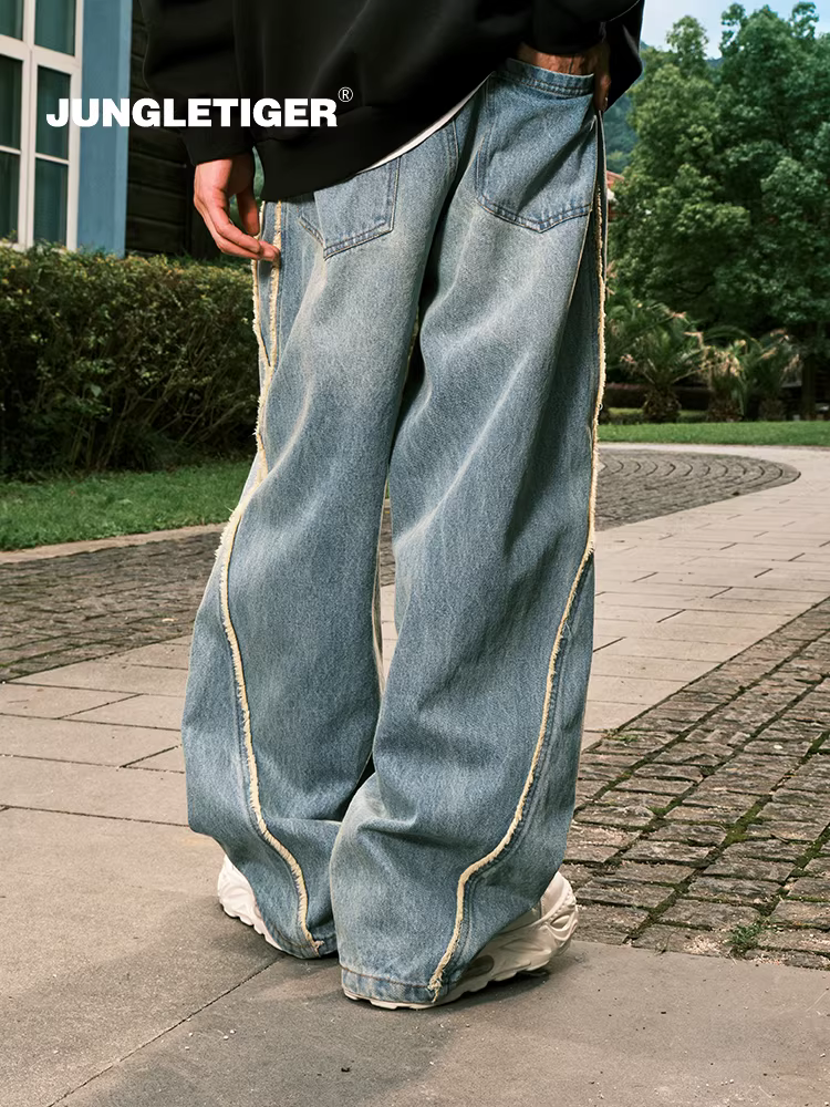 Quần jeans denim thô viền xù, họa tiết ghép hình hổ rừng, kiểu vintage, rách, dáng thẳng, unisex