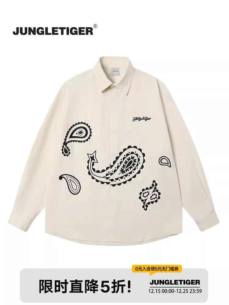 Áo sơ mi dài tay họa tiết paisley phong cách đường phố Mỹ Jungle Tiger dành cho nam, mẫu mới 2025, thương hiệu thời thượng, kiểu dáng rộng rãi, màu trắng