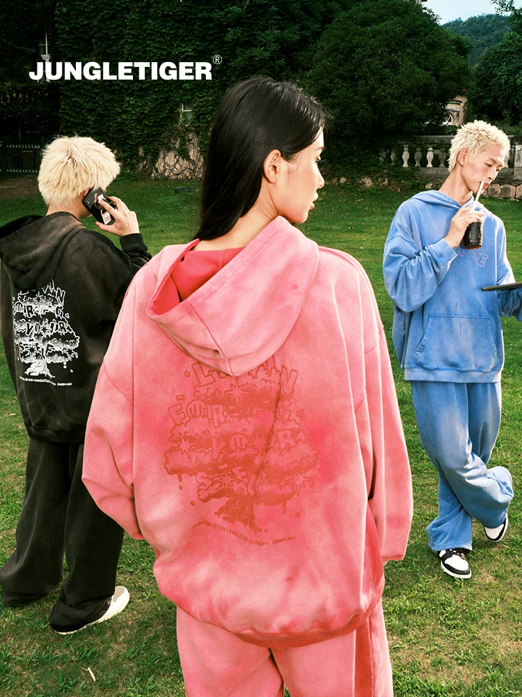 Áo hoodie in hình cây vui nhộn của Jungle Tiger dành cho nam và nữ, mùa thu đông, đã giặt và làm cũ, áo có mũ trùm đầu dày dặn, nặng.