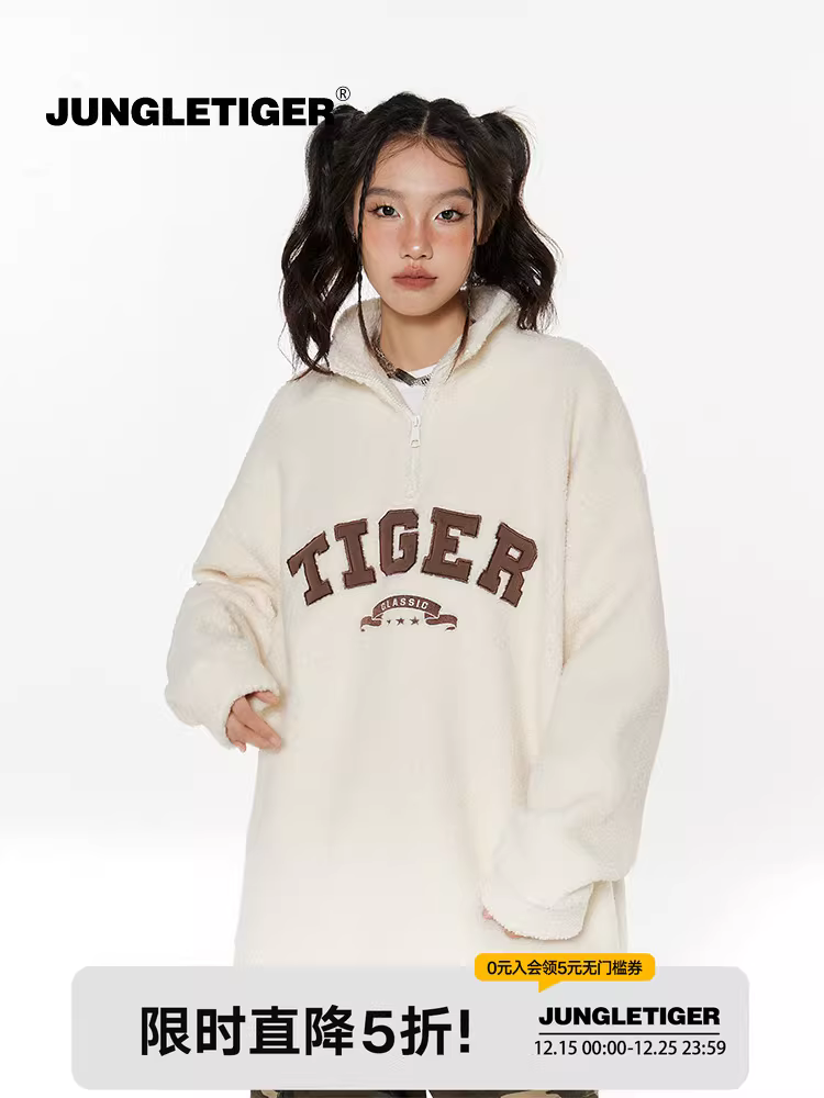 Áo len lông cừu thêu logo hổ rừng kiểu Mỹ cổ điển, thời thượng, dáng rộng, nửa khóa kéo dành cho nam và nữ