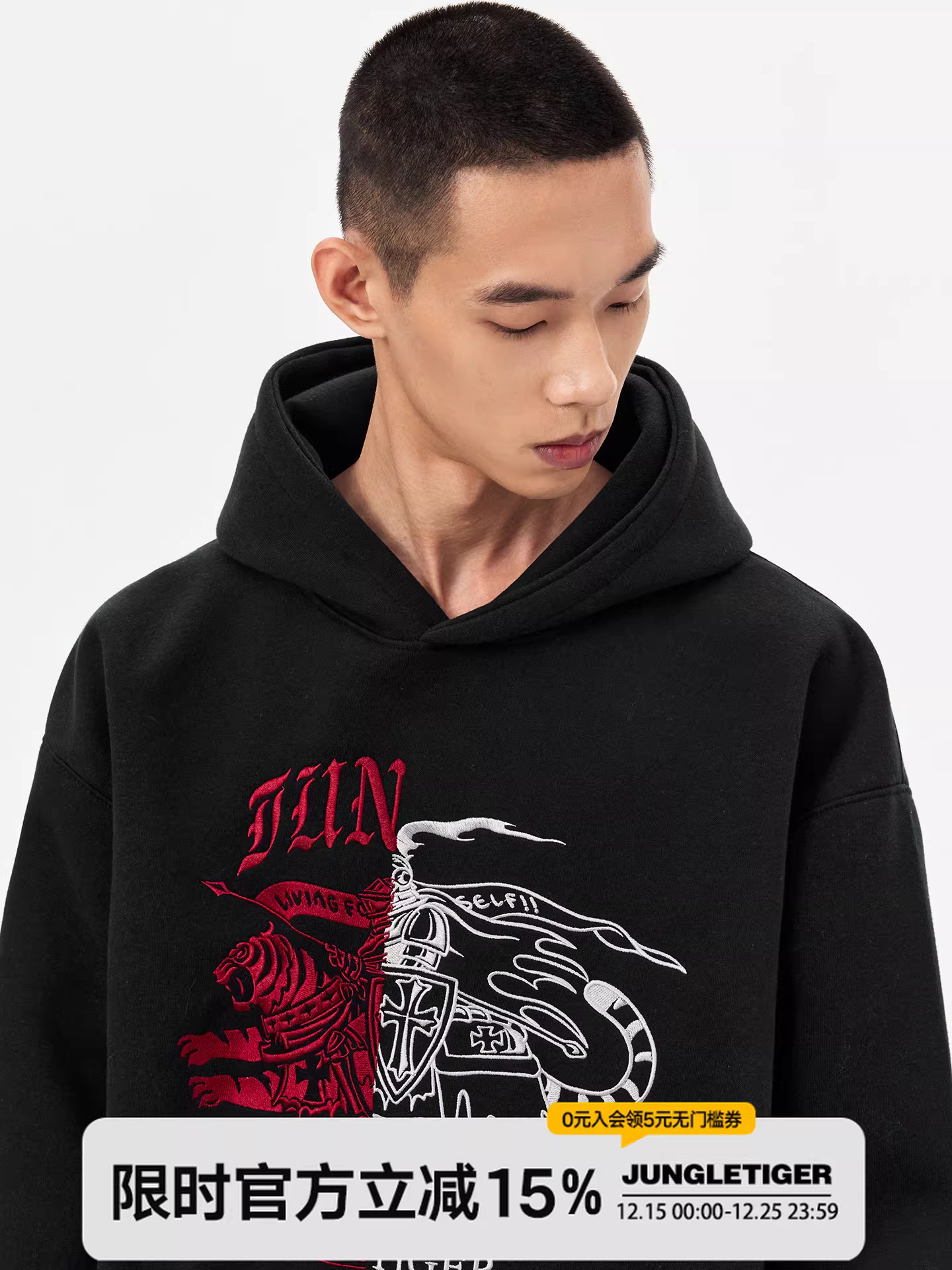 Áo hoodie thêu hình Jungle Tiger American Knight dành cho nam, thiết kế mới mùa đông, áo hoodie dày dặn nặng 420g.