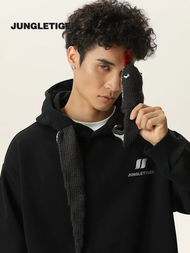 Áo hoodie có dây rút bằng vải dệt kim hình rắn có thể tháo rời của Jungle Tiger dành cho nam và nữ, áo nỉ có mũ trùm đầu dày dặn, dày dặn trong mùa thu và mùa đông.
