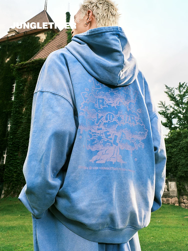 Áo hoodie in hình cây vui nhộn của Jungle Tiger dành cho nam và nữ, mùa thu đông, đã giặt và làm cũ, áo có mũ trùm đầu dày dặn, nặng.