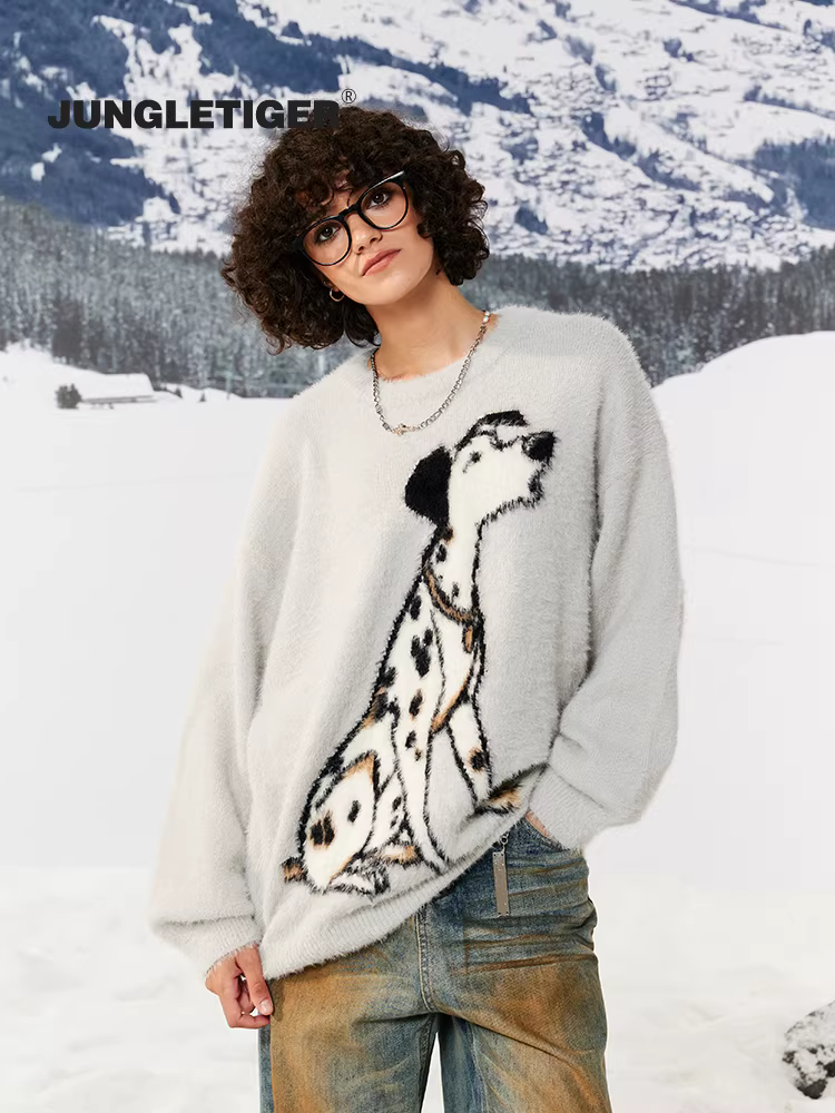 Áo len dệt kim giả lông chồn dalmatian hổ rừng unisex mùa thu đông kiểu dáng rộng rãi phong cách đường phố Mỹ dành cho cặp đôi