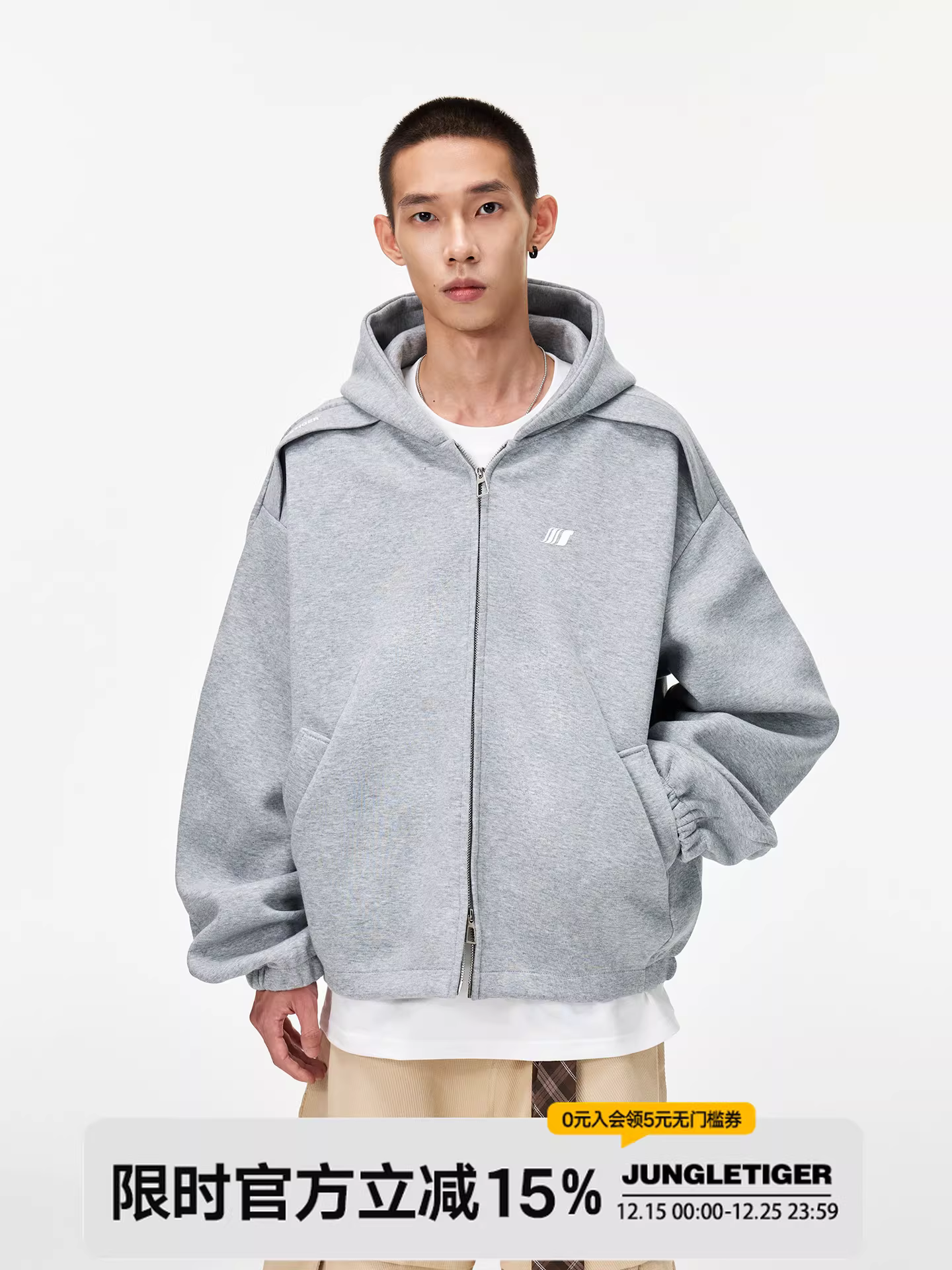 Áo khoác có mũ trùm đầu chất liệu dày dặn, kiểu dáng thời trang Mỹ, màu xám, họa tiết hình hổ rừng, dành cho nam và nữ, mùa thu 2025.