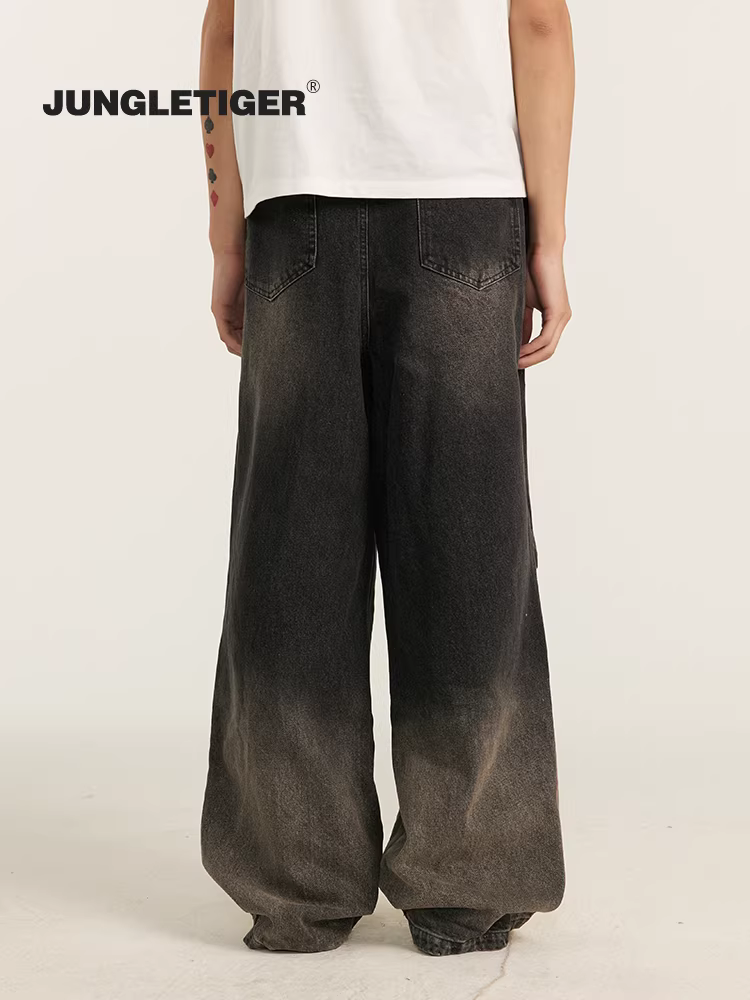 Quần jean ống rộng xếp ly màu ombre Jungle Tiger dành cho nam, phong cách Mỹ mùa thu, kiểu dáng thời thượng, retro, rộng rãi, thoải mái