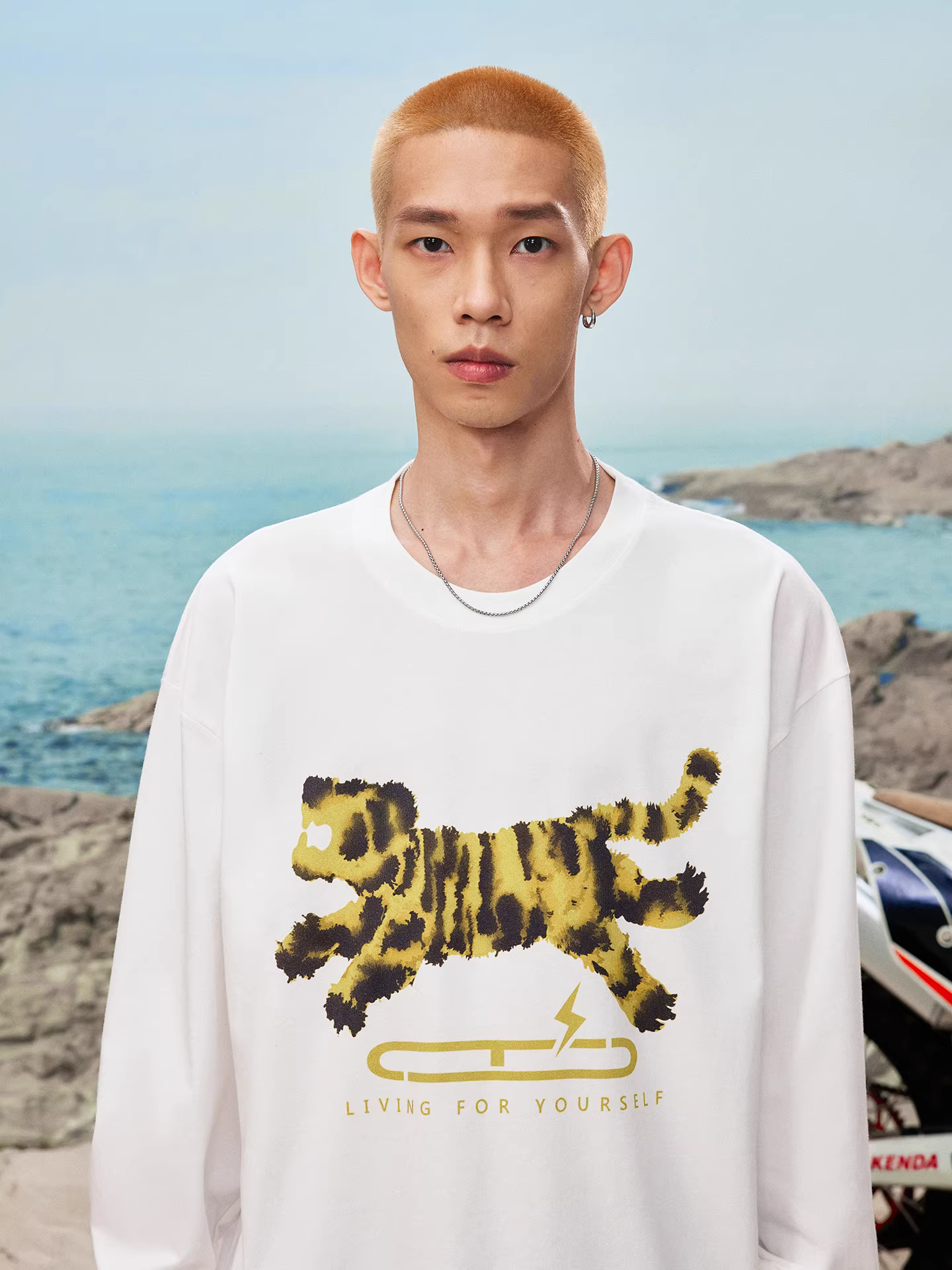 Áo thun dài tay in kỹ thuật số họa tiết hổ rừng, phối màu chuyển sắc, mùa thu 2025, chất liệu cotton nguyên chất, cổ tròn, dành cho nam