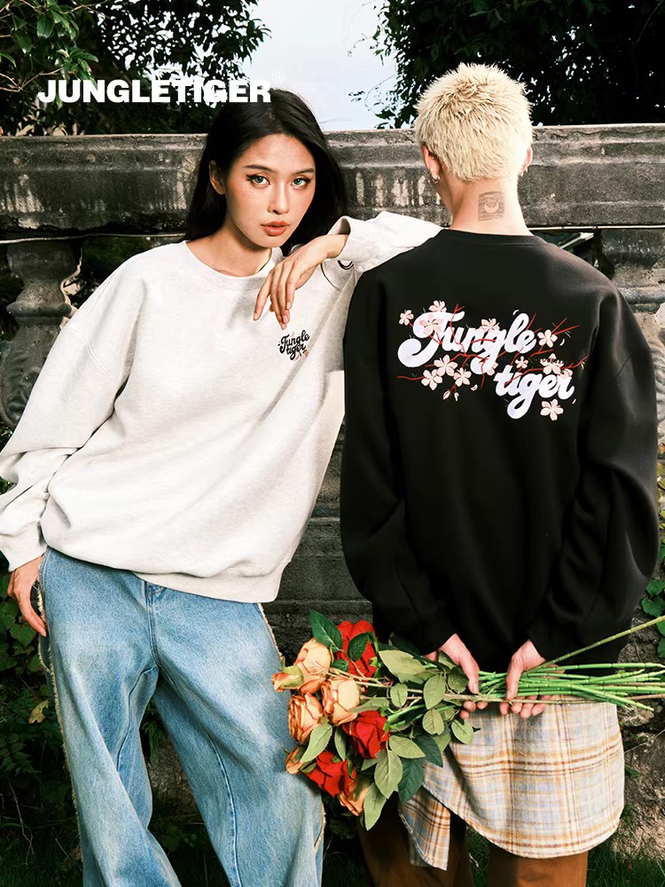 Áo thun cổ tròn thêu hoa Tiger Floral dành cho nam và nữ, áo thun dày dặn nặng 420g mới mùa thu/đông