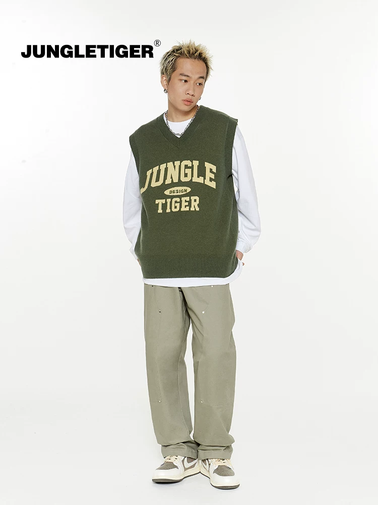 Áo len dệt kim nhiều lớp cổ chữ V thương hiệu Jungle Tiger hợp thời trang dành cho nam và nữ, áo len dáng rộng phong cách hip-hop đường phố