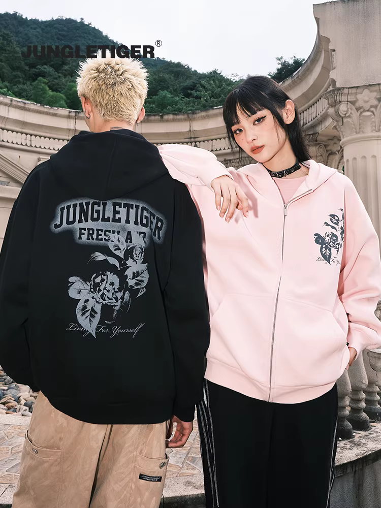 Jungle Tiger Rose Silk Screen Heavy Zipper Hoodie Unisex Mùa thu Phong cách Mỹ Áo khoác cặp đôi giản dị hợp thời trang