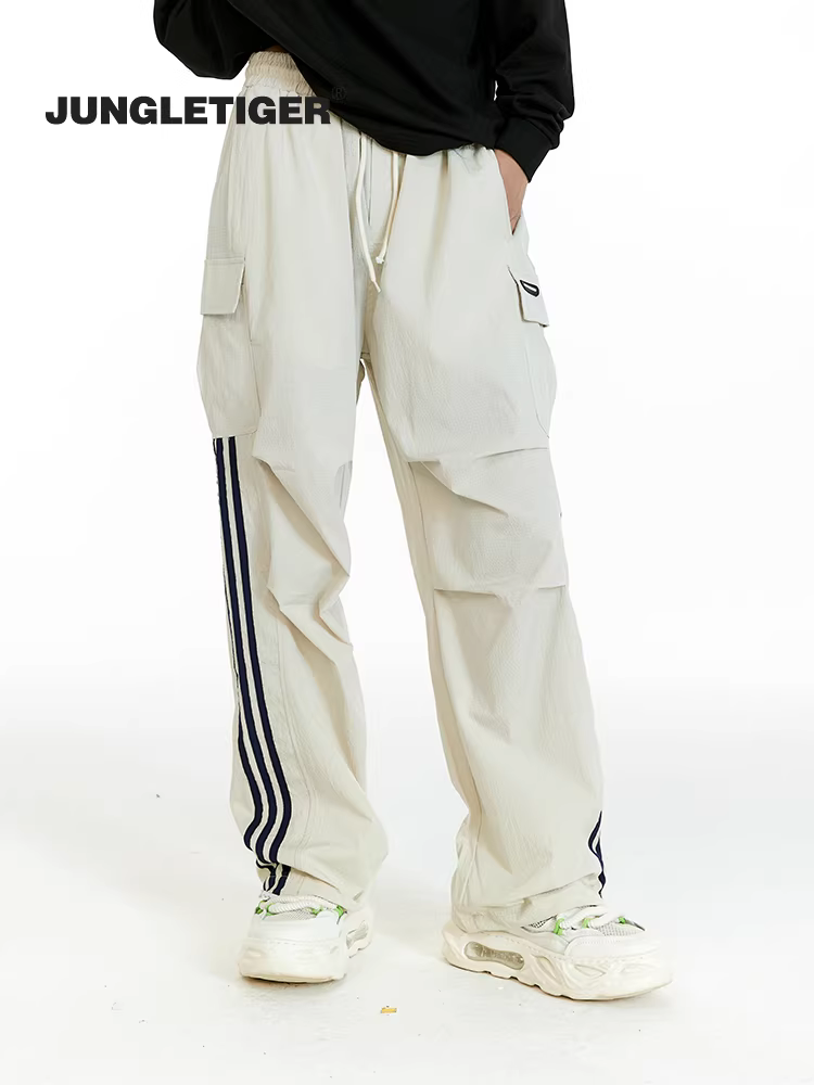 Quần cargo sọc ngang kiểu Mỹ retro Jungle Tiger, unisex, thời thượng, đa năng, dáng thẳng, ba sọc, phong cách thường ngày