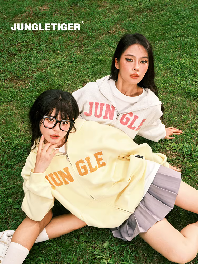 Áo khoác có mũ trùm đầu thêu khăn LOGO kiểu Mỹ của Jungle Tiger, dáng rộng, nặng, dày, áo khoác có khóa kéo dành cho cặp đôi dành cho nam và nữ.