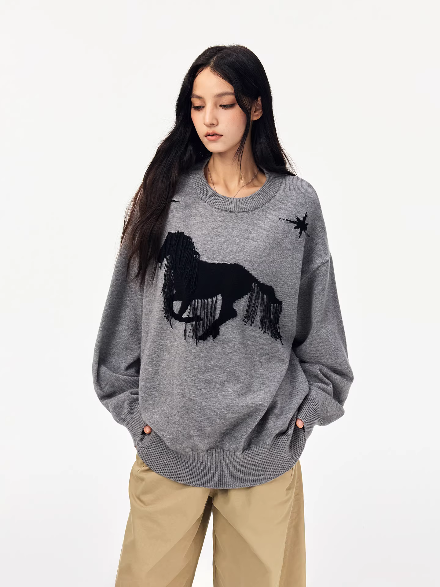 Áo len cổ tròn dệt jacquard tua rua phong cách Jungle Tiger thời thượng dành cho nam và nữ, thu đông 2025, kiểu dáng rộng rãi, chất liệu dệt kim thoải mái