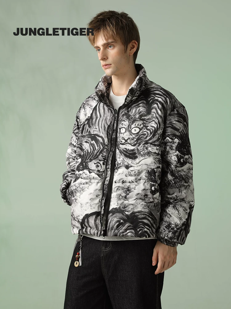 Jungle Tiger & Insect Master Collaboration Phong cách Trung Hoa Tranh mực in đầy đủ Áo khoác cotton dành cho nam và nữ Áo khoác phao dày mùa đông dành cho cặp đôi