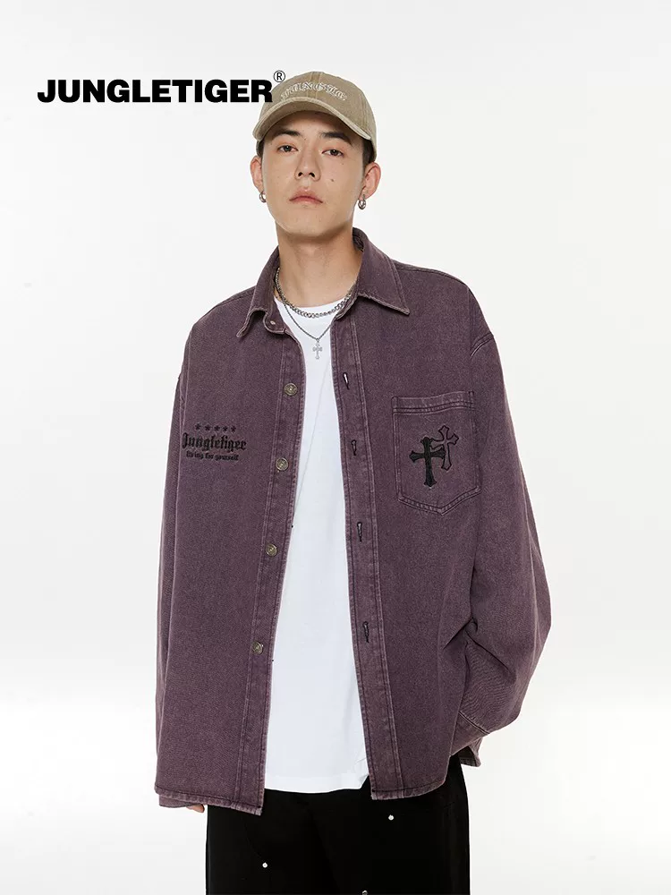 Áo sơ mi denim dài tay thêu vintage phong cách Mỹ, thương hiệu thời trang Jungle Tiger, kiểu dáng đa năng, áo khoác nam cá tính.