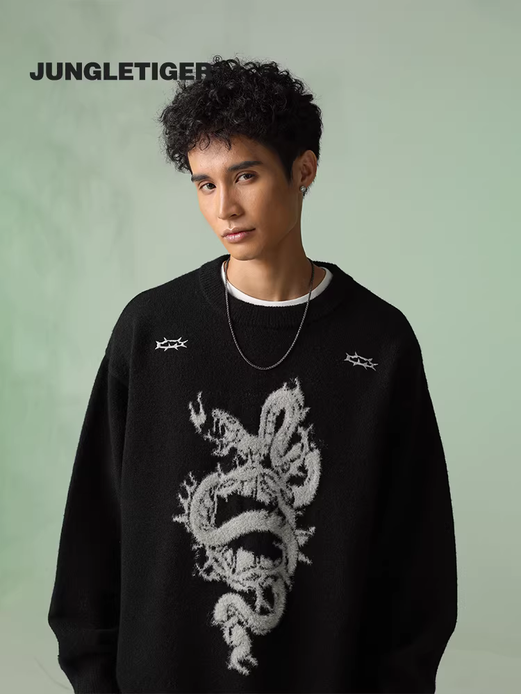 Jungle Tiger National Trend Snake and Thorn Áo len dài có lông Jacquard màu đỏ Unisex Thu đông Áo len dáng rộng dành cho cặp đôi