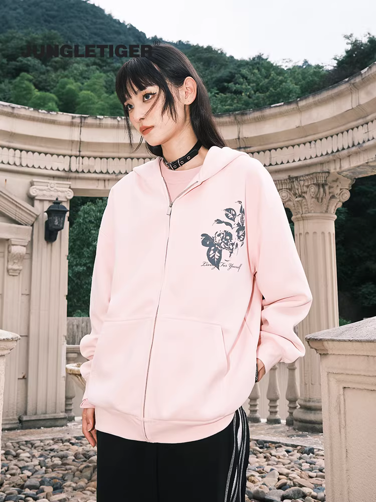 Jungle Tiger Rose Silk Screen Heavy Zipper Hoodie Unisex Mùa thu Phong cách Mỹ Áo khoác cặp đôi giản dị hợp thời trang