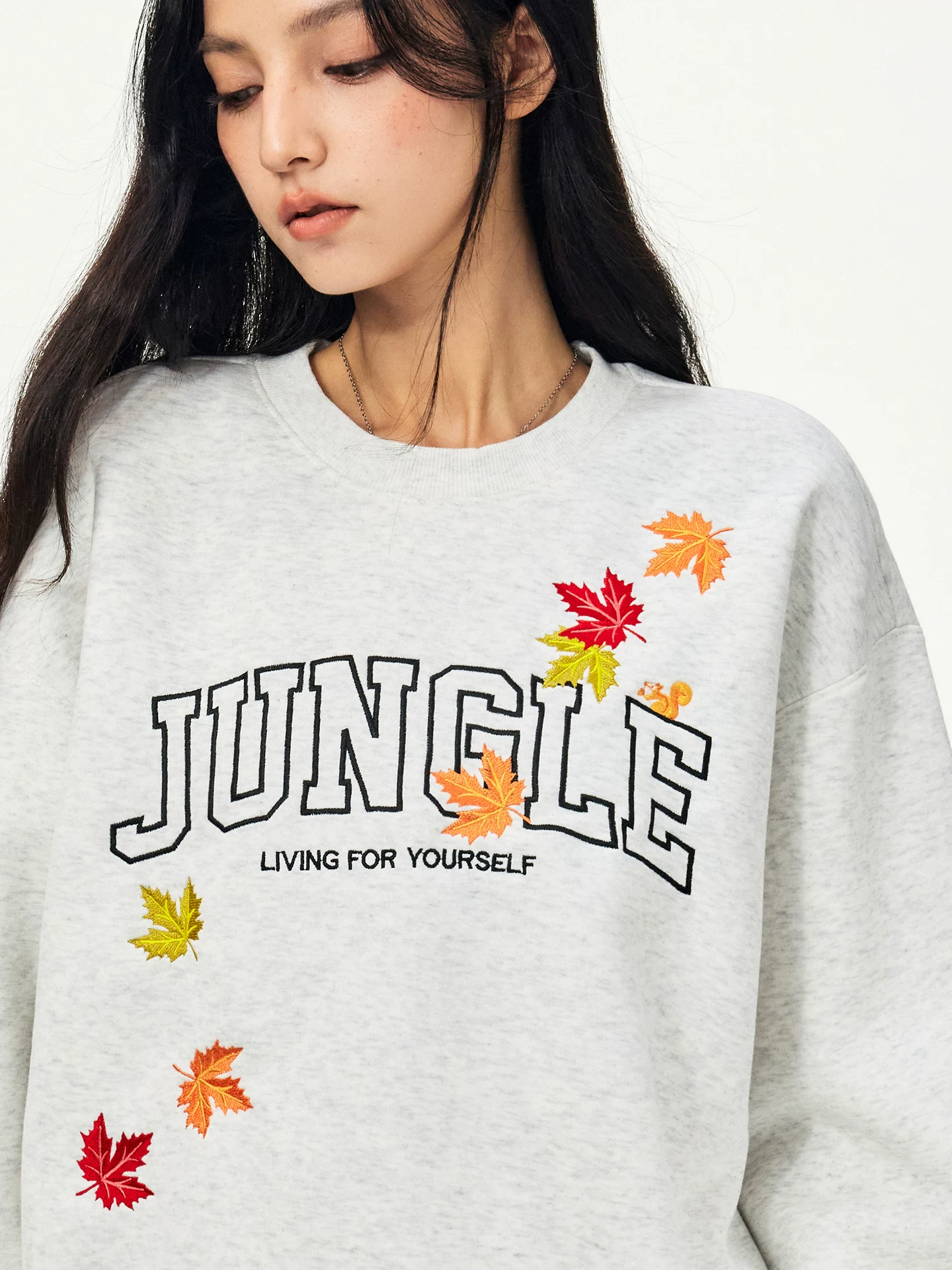 Áo thun cổ tròn thêu lá phong Jungle Tiger dành cho nam và nữ, áo thun dài tay dành cho cặp đôi mùa thu đông 420g