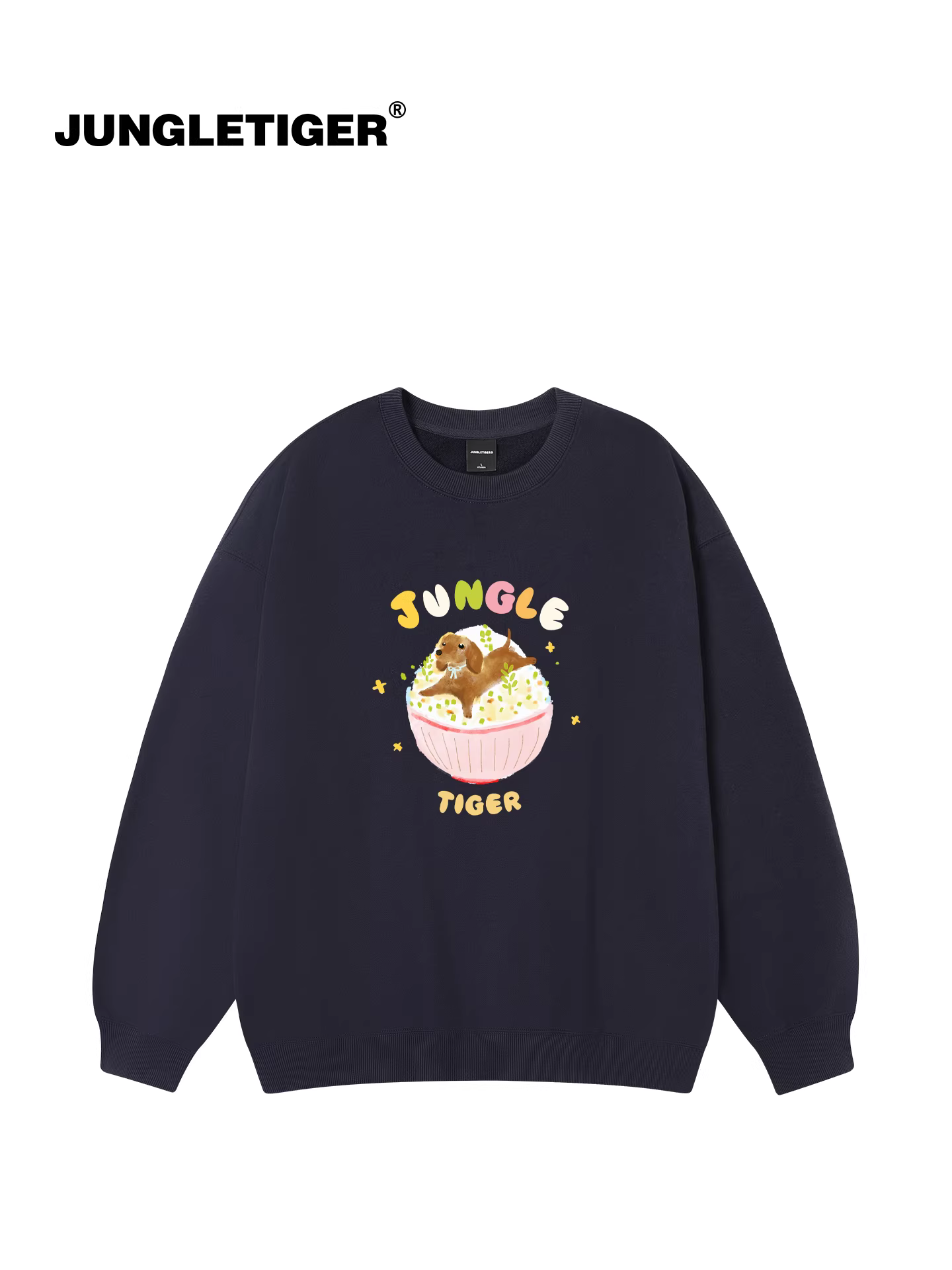 Jungle Tiger & Illustrator Collaboration Dachshund Dog Food Áo thun cổ tròn dành cho nữ Trang phục cặp đôi graffiti dễ thương Áo thun chui đầu