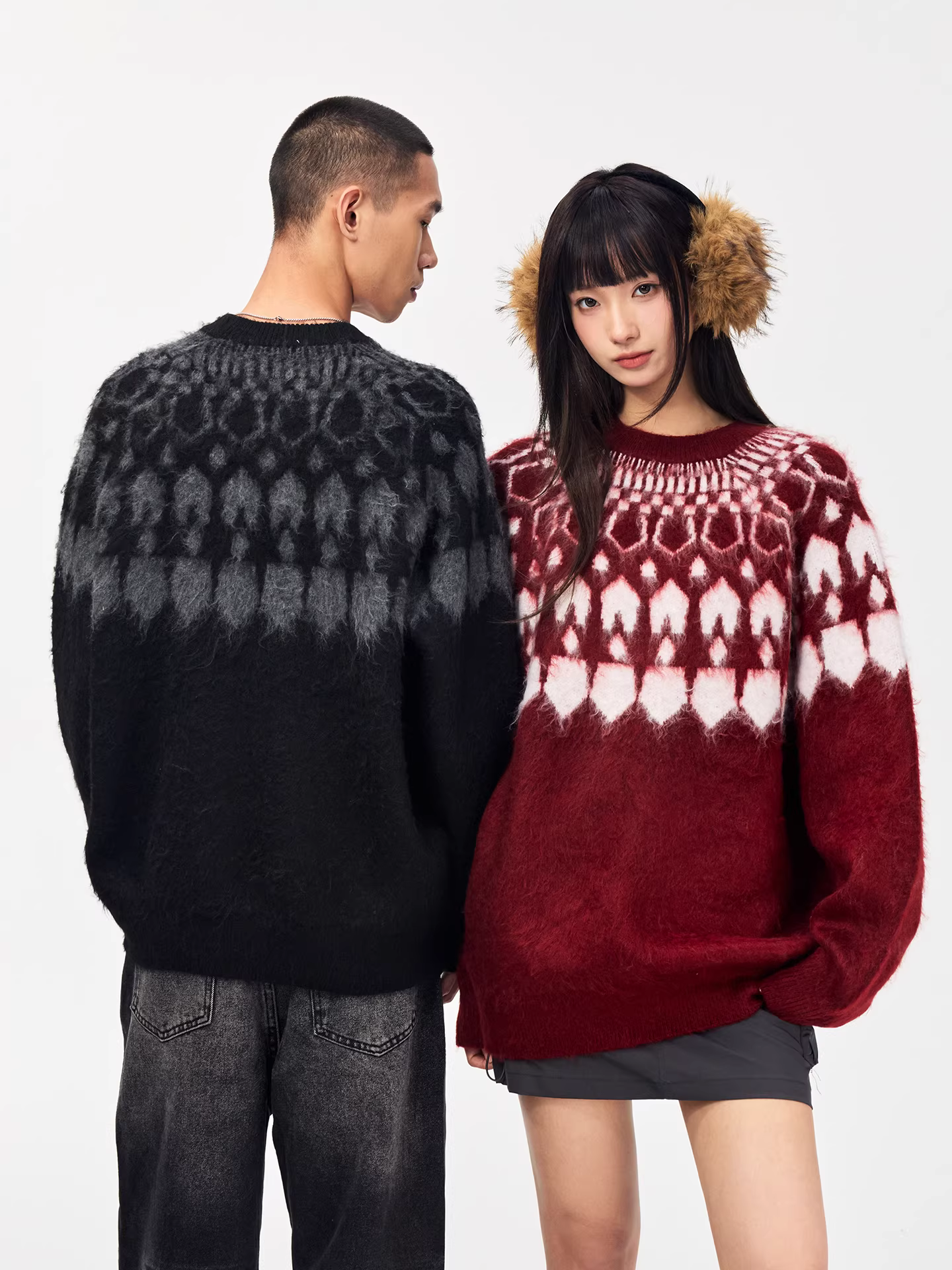 Áo len màu đỏ Jungle Tiger Nordic Fair Isle Unisex Áo len cặp đôi hợp thời trang Thu Đông Áo len đan len lười biếng