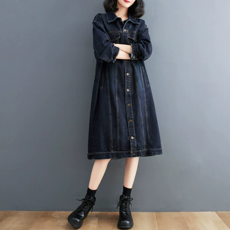 Áo khoác denim dài trung bình dành cho nữ, kiểu dáng Hàn Quốc mới xuân thu 2026, thiết kế retro đa năng, áo khoác trench dáng rộng